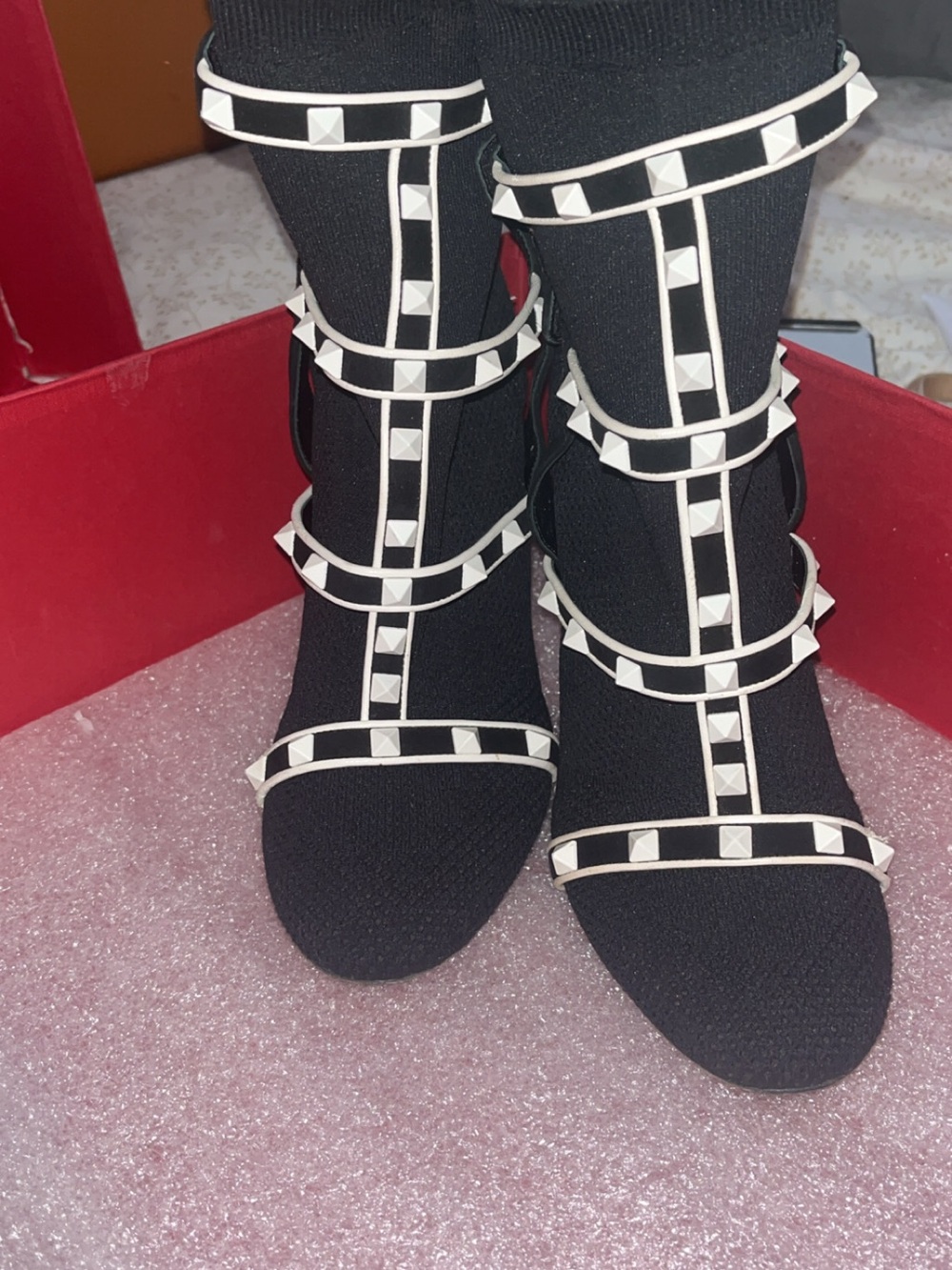 Valentino Black and White Stud-Trim Strappy Heels